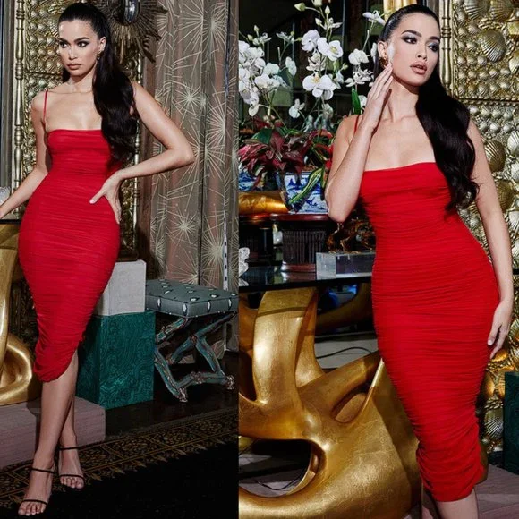 RARE HOUSE OF CB 'Sirene' Red Gathered Organza Mesh Dress NWT - Picture 5 of 11